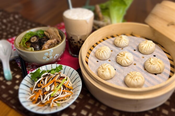 Xiao Long Bao, Chicken vermicelli with mushroom and sesame oil, Tofu strips salad, Bubble milk tea. Taiwan Traditional Delicacies Experience-A (Taipei Cooking Class) - A Taipei Morning Plan That Actually Feeds You