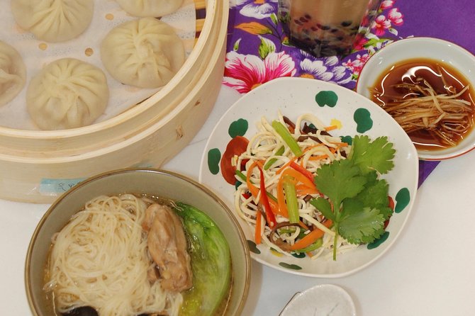 Xiao Long Bao, Chicken vermicelli with mushroom and sesame oil, Tofu strips salad, Bubble milk tea. Taiwan Traditional Delicacies Experience-A (Taipei Cooking Class) - What It’s Like in a Small Group (and How to Make It Go Smoothly)